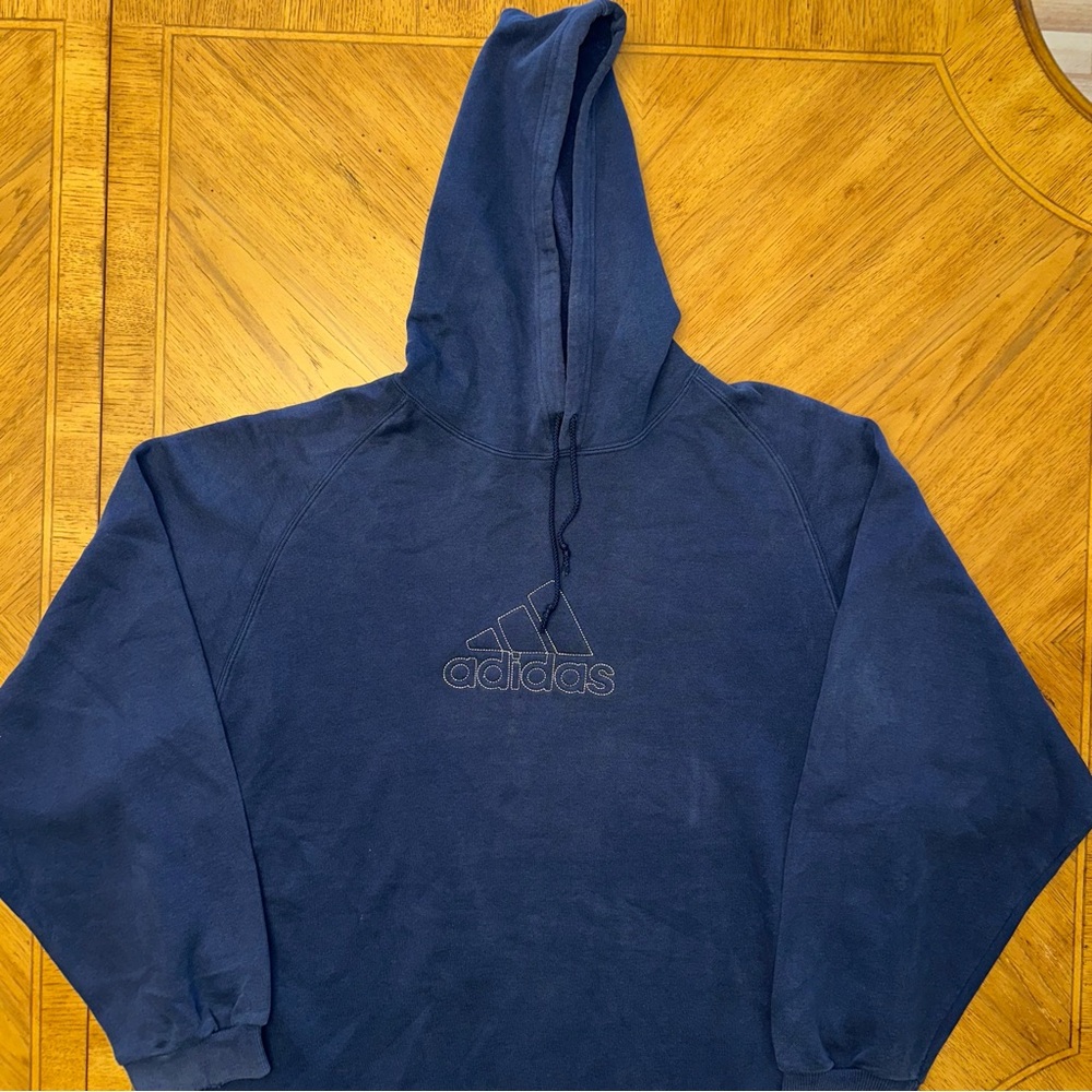 Vintage Adidas 90s Center Logo Spellout Navy Embroidered Hoodie Large Distressed